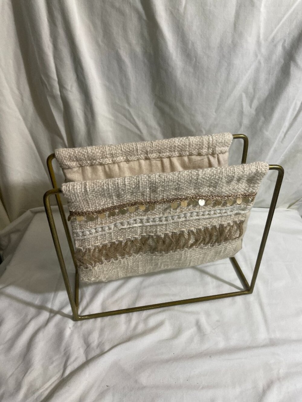 Boho Fabric Magazine Rack Brass Metal Frame Bohemian Mail Holder Organizer Decor